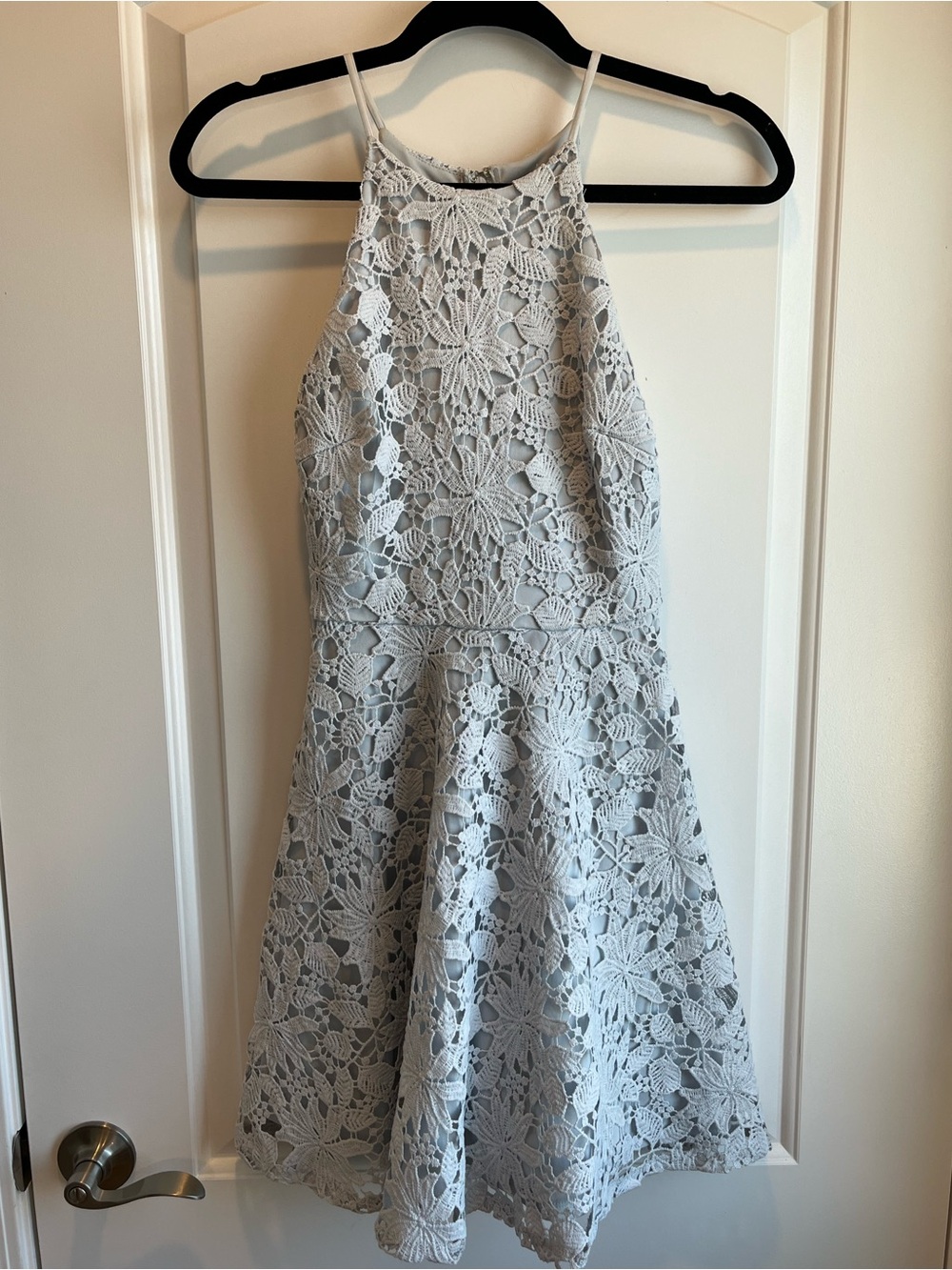 AQUA by Bloomingdales Light Blue Floral Lace Halter Fit & Flare Mini Dress XS